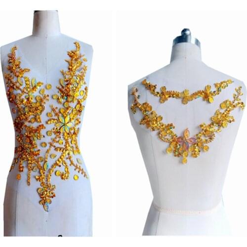 Hand made sew on golden Rhinestones applique on mesh crystal patches trim 50*30/30*20cm for dress back/and front