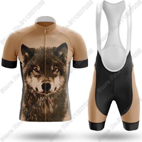 Set 2021Mens Wolf Cycling Jersey Summer Cycling Clothing Road Bike Suit Mountain Bicycle Shirt Bib Shorts MTB Maillot