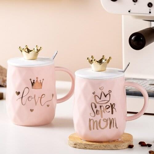 Creative Pink Crown Mug Lovely Girl Ceramic Cup Net Red Coffee Cup Nordic Couple Cup with Spoon Mugs Coffee Cups
