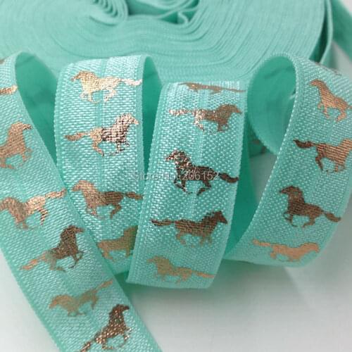 Copper Foil Horse Aqua Fold Over Elastic 5/8" Horse FOE Wholsesale Foldover Elastic Ribbon 10Yards/lot