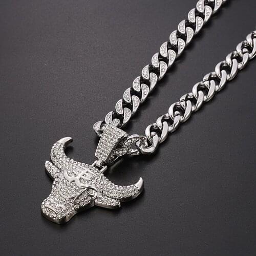 Necklace for Men Women Hip Hop Rapper Iced Out Bling Ox Head Pendant Necklace Miami Big Gold Cuban Chain Choker Jewelry Men Gift