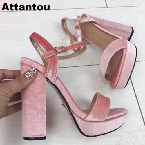 Pink Suede Velvet Leather High Heel Sandals Platform Open Toe Female High Heel Ankle Buckle Sandals Women Square Heeled Shoes