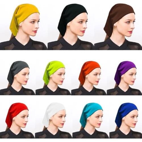 Muslim Turban Inclusive Cap Elastic Solid Color Hat for Women Soft Headwear Stretchy Cancer Chemo Cap for Hair Lose