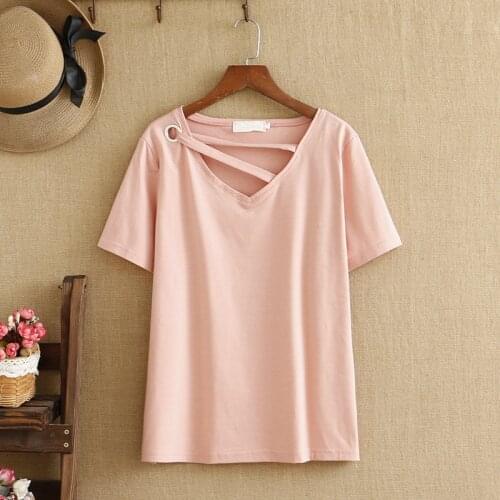 Plus Size T-Shirt For Women V-Neck Asymmetry Shoulder Strap Elastic Knitted Fabric Short Sleeves Lagre Size Summer Fatlady Tops