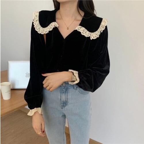 Ruffles V-Neck Black Velvet Blouse Women Long Sleeve Spring Vintage Shirts Korean Casual Elegant Sweet Tops Buttons Kawaii 2021
