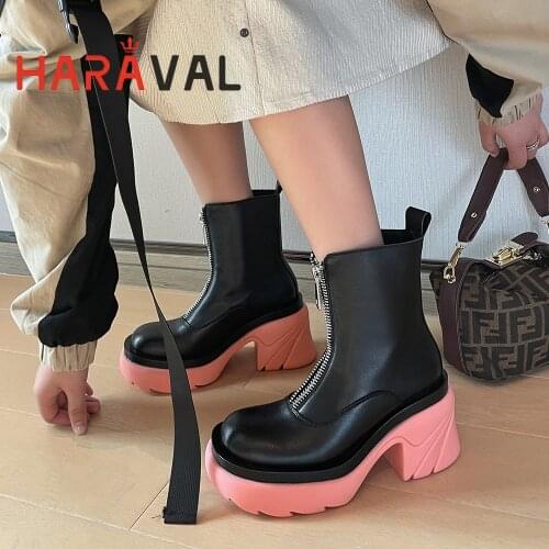 HARAVAL Women Boots Thick Bottom Round Toe Motorcycle Autumn Winter ELEGANT Black New Trend Fashion Elegant Boots Women E386L