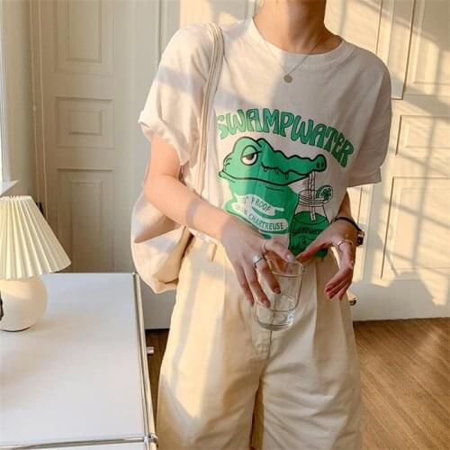 Womens T-shirts Tops Japanese Kawaii Ladies Ulzzang Cartoon Crocodile Print Tshirt Female Korean Harajuku Clothes For Women