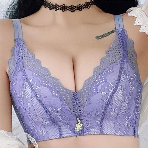 Plus Size Bras for Women Lace Sexy Push Up Bra Floral Bralette Wireless Seamless Underwear Thin Wide Straps Mesh Brassiere Pink