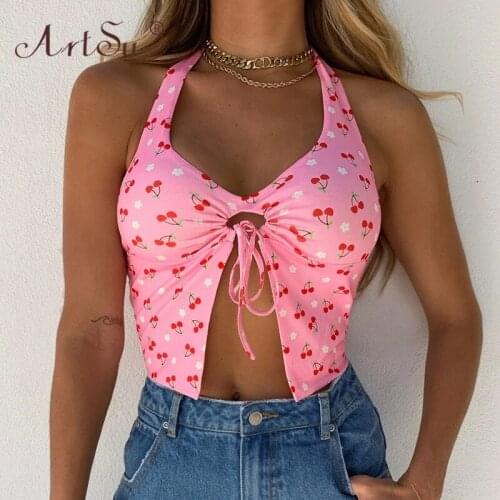 ArtSu Summer Split Pink Halter Crop Top Women Y2K Backless Tank Tops Sleeveless Tees Cute Kawaii Cherry Print Tie Up Tops 2021