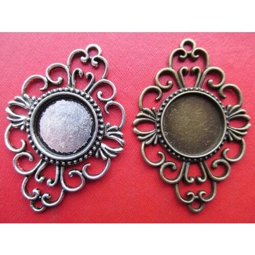 100pcs Antique Silver tone/Antique Bronze Base Setting Tray Bezel Pendant Charm/Finding,Hollow Border,fit 18mm Cabochon/Cameo