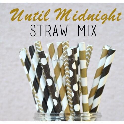 125pcs Mixed Colors Until Midnigh Black and Gold Paper Straws,Gold Stripe Chevron,Black Stripe and Black with White Dots