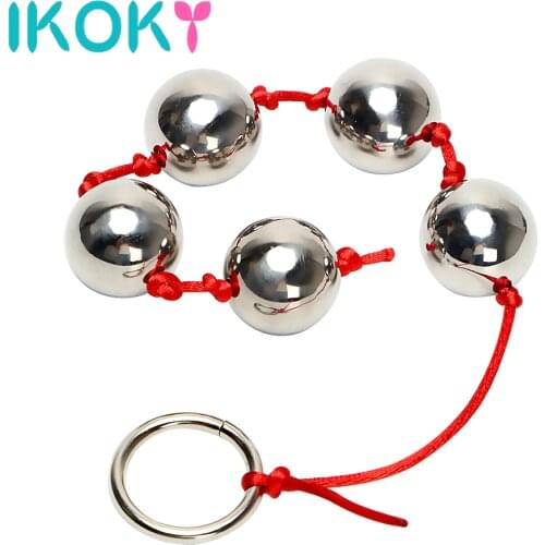 IKOKY 2.5cm Big Balls Butt Vaginal Plug Stainless Steel Five Metal Anal Balls Adult Sex Toys for Woman Handheld Ring Anal Bead
