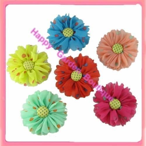 Free shipping New 12pcs/lot chiffon polka dots silk flower with button