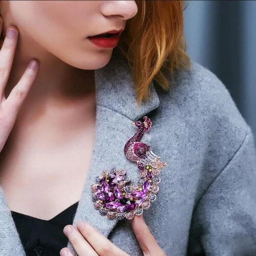 Large Brooch For Women Beautiful Animal Brooches Purple Crystal Rhinestone Peafowl Peacock Brooch Pin Wedding Bride Decoration
