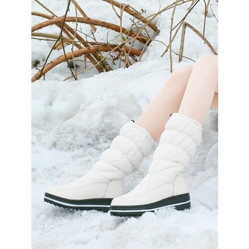 EshtonShero Shoes Woman Mid Calf Boots Microfiber Flat Heels Female Round Toe Slip On Winter Ladies Women Snow Boots Size 4-9