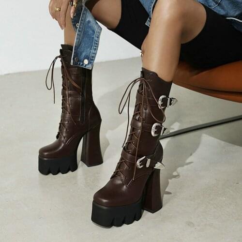 Spring Autumn Motorcycle Boots Lady Belt Buckle Street Super High Heel Square Toe Mid Calf Boots Cross Tied Zipper Womens Shoes