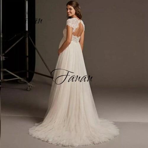 Long Wedding Dress Pregnant Woman Open Back V-Neck Elegant Plus Size Bridal Gown Short Sleeve Lace Tulle robe de mariée Custom