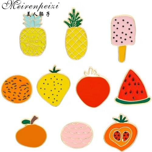 Meirenpeizi Enamel Pins Cartoon Fruit Brooch for Women Gift Jackets Lapel Denim Badge Lemon pineapple Strawberry Cake Kids pins