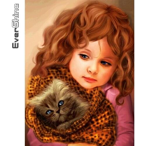 Evershine Diamond Embroidery Girl Rhinestone Art Diamond Painting Cat Full Square Round Mosaic Portrait Cross Stitch Crafts