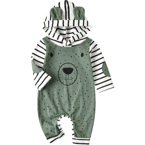 Infant Baby Girls Boys Cartoon Rompers, Dots Stripe Hooded Long Sleeves Jumpsuits with Buttons for Toddler Girls, Boys, Green