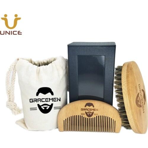 MOQ 100 Sets OEM Custom LOGO Bamboo Beard Care Kit with Bag & Box for Man Mustache Beards Hair Eco-Friendly Brush and Comb Sets