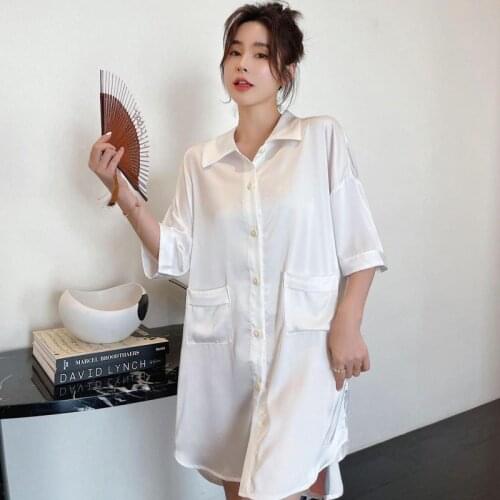 Lapel Sleep Shirt Satin Nightgown Print Peking Opera Sleepdress Summer Robe Kimono Loungewear Traditional Chinese Nightshirt