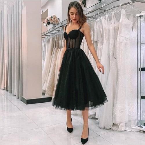 New Black Short Prom Dress 2021 Spaghetti Strap Polka Dot Tulle Tea Length Formal Party Gowns Short Vestido De Festa Dress
