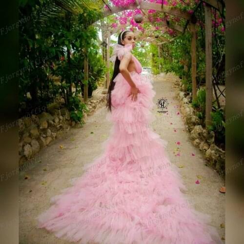 Sexy High-Low Pink Tulle Wedding Party Dress Ball Gown Tutu Special Occasion Dresses with Long Trian robe soiree Sweet 15 Dress