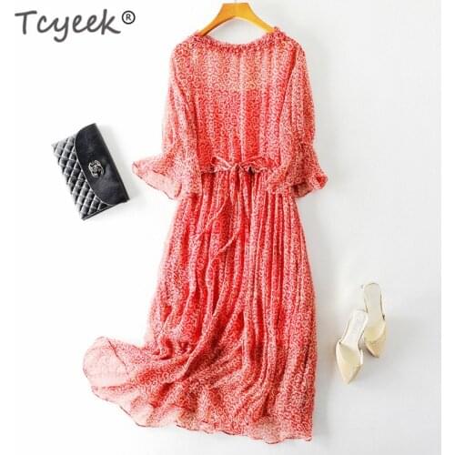 Tcyeek 2020 New Summer Spring 100% Real Silk Dress Women Vintage Floral Long Beach Party Dresses Bohe Red Elegant Vestidos 98007