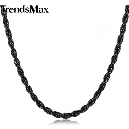 Trendsmax 3/4mm Wide Mens Chain Necklace Black Stainless Steel Rope Chain KN403 KN405