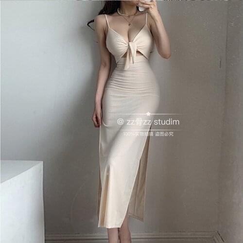 WOMENGAGA Fashion V-neck Low Chest Lace Up Bandage Bow Side Split Fold Tank Maxi Dress Long Dresses Boho Hot Sexy Women Top WZV9