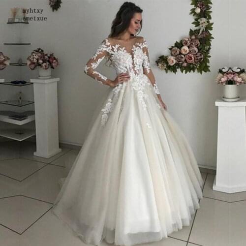 Sexy Wedding Dress With Sleeves Lace Appliques Tulle Wedding Dress Ball Gown 2020 Boho Turkey Vestidos De Novia Imported-china