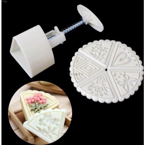 6Pcs Fan Shape Flower Moon Cake Stamps Mould Mold Pastry Mooncake Hand DIY Tool