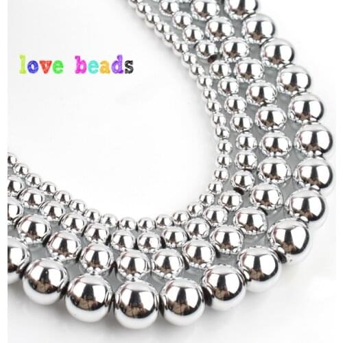 3-10mm Natural Stone Beads New Silver Color Hematite Beads Round Loose Spacer Bead For Jewelry Making DIY Bracelet Necklace15"
