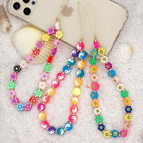 Colorful Smiley Fruit Crystal Beads Chain Lanyard Strap Cord for Clay Polymer Anti-lost Mobile Phone Chain Men Women Decoration