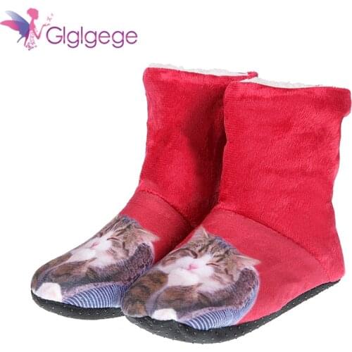 Glglgege 2019 Christmas Indoor Socks Shoes Winter Shoes Woman Fur Sides Female Animal Prints Slipper Plush Insole Home Slippers