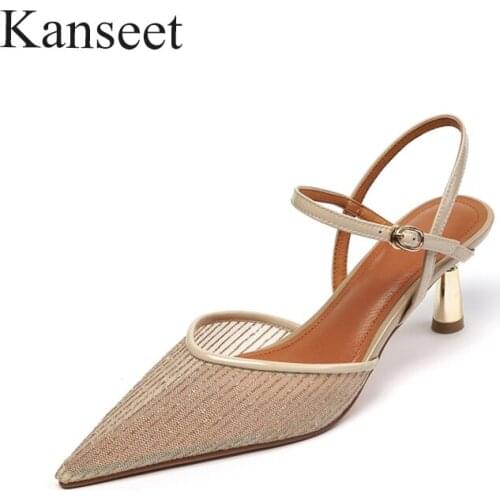 Kanseet Thin High Heels 2021 Summer Women Sandals Fashion Design Sexy Net Yarn Pointed Toe Buckle Strap Party Prom Shoes Women