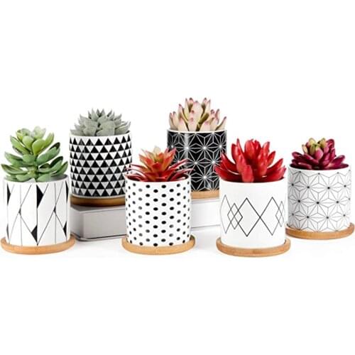 Geometric Patterns Ceramic Small Pots 3 Inch Succulent Planters with Drainage Bamboo Tray for Baby Plants- Plants Not Included