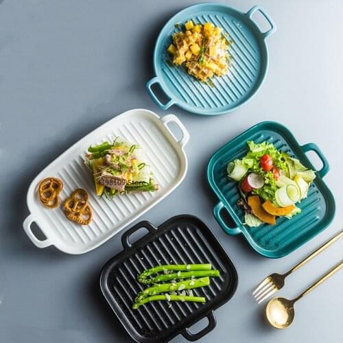 Nordic striped tableware frosted ceramic baking tray microwave special tray household tableware Western plate double ear plate