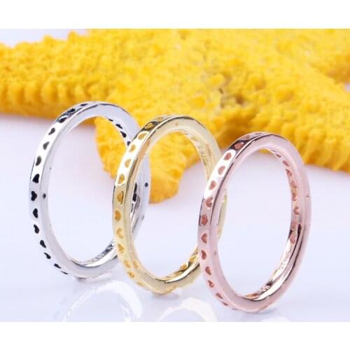 925 Sterling Silver pandora Ring Rose Gold Stackable Hearts Rings For Women Wedding Party Gift Fine Jewelry
