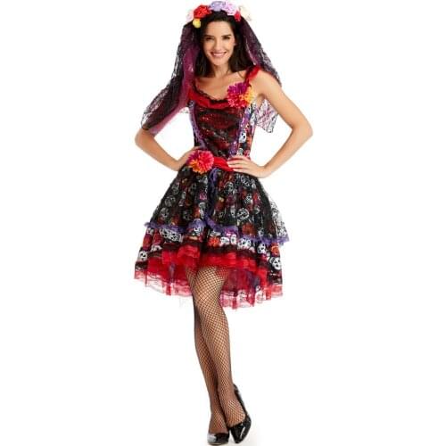 Mexican Day of The Dead Horror Zombie Skull Costume Halloween Carnival Party Flower Fairy Ghosts Bride Cosplay Dress