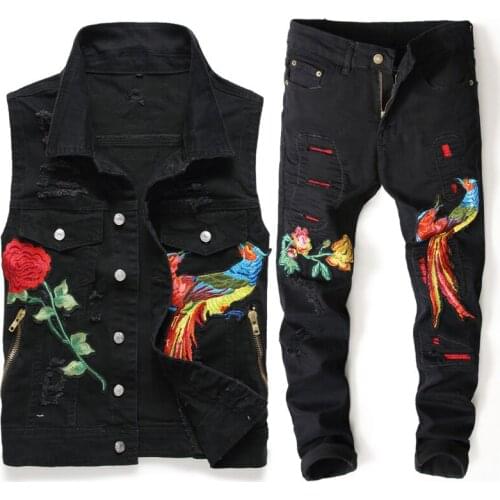 New Men Black Sets Fashion Spring Embroidered Phoenix Flower Hole Distressed Suit Denim Vests +Pants Mens Clothing 2 Pieces Sets