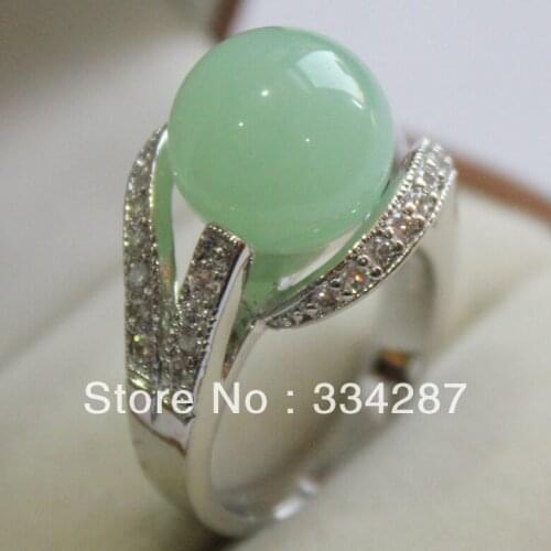 Beautiful Light Green jades 12MM Bead White Zircon Womens Gift Jewelry Ring Size 6-9