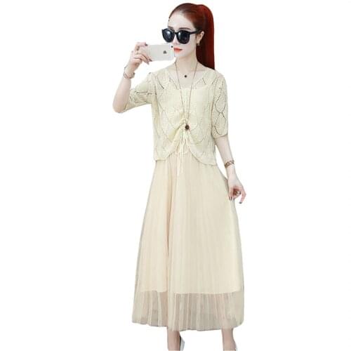 Summer style new plus size womens suit dress fashion sexy age-reducing wild two-piece set was thin sweater mesh dresses