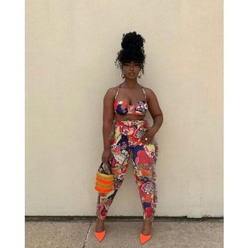 2021 Summer Casual Fashion Street Ladies Slim Street Sexy Sleeveless Printed Tassel Pants Two-Piece Set