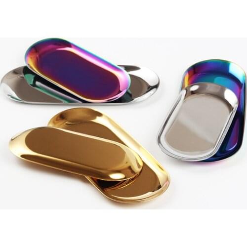 2019 Colorful Metal Stainless Steel Storage Tray Gold Oval Dotted Fruit Plate Small Items Jewelry Display Tray Mirror Home Decor