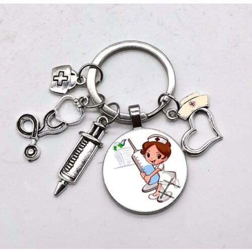 Fashion Creative Quality 1 Piece Nurse Medical Syringe Stethoscope Image Keychain Glass Cabochon Glass Key Ring Nurses Gift