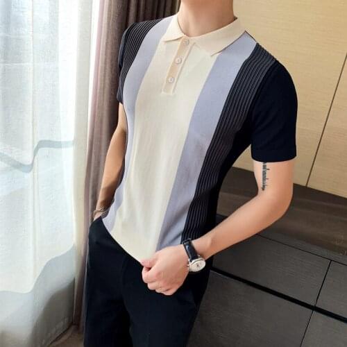 Mens Knitted Polo Shirt 2021 Summer Gradient Short-sleeved Shirt Striped Lapel Business Mens Clothing Short-sleeved Polo Shirt