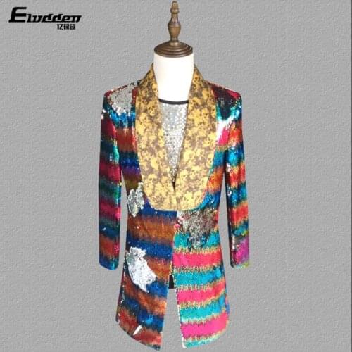 2020 Mens Rainbow Sequins Costumes Personalized Suits Singers Personality Performance Costume Handsome Host Long Section Suits
