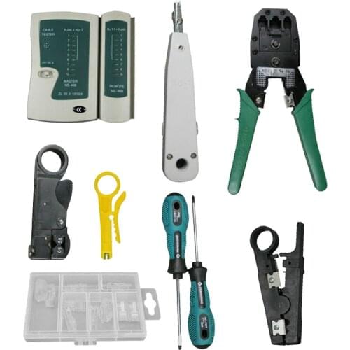 9 Pcs Computer Network Maintenance Repair Tool Kit LAN Cable Cable Tester Wire Stripper Screwdriver RJ45 Connector Tools